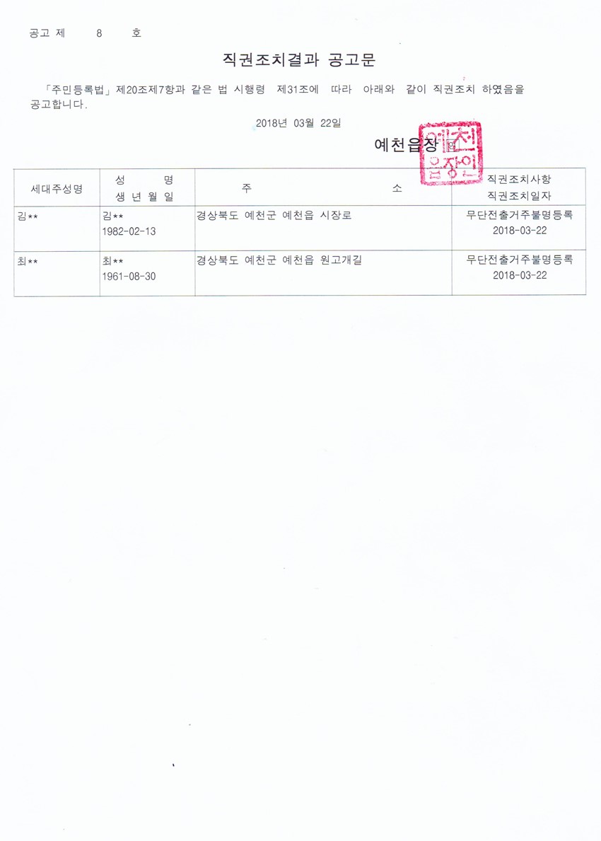 1.주민등록신고 미이행자에 대한 직권조치 및 결과 공고